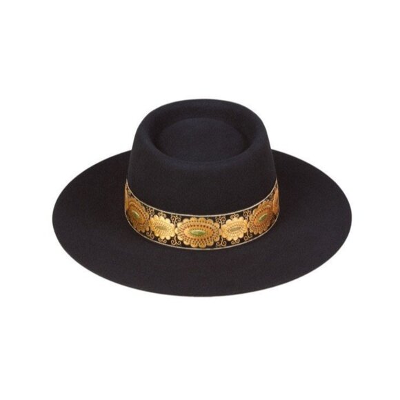 NWT Lack Of Color The Lolita Wool Felt Boater Hat Black w/ Gold Ribbon Band main image 7